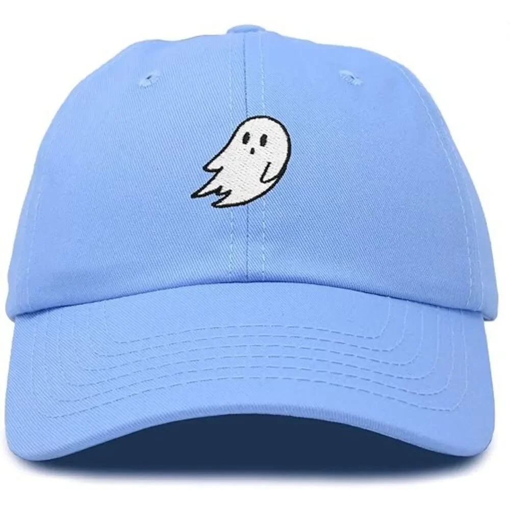 Unisex Light Blue 100% Cotton Ghost Embroidered Adjustable Buckle Baseball Cap